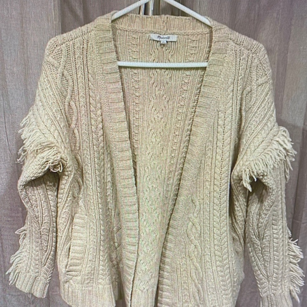 Madewell Cream Cable-Knit Fringe Open Cardigan